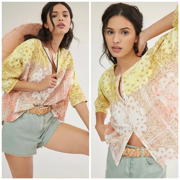 Anthropologie Pilcro Pink Yellow Oversized Top - Picture 1 of 7